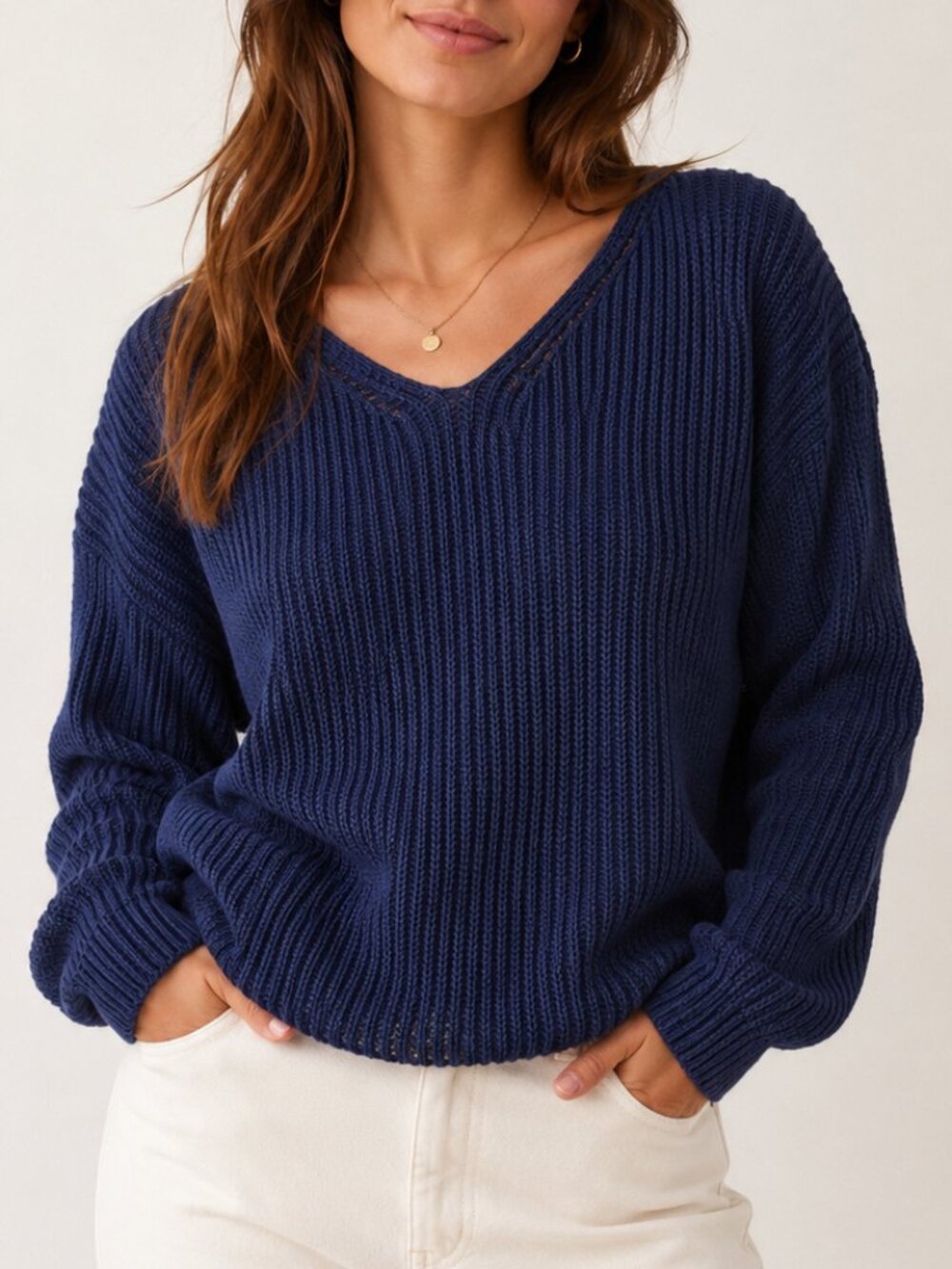 Navy Blue Ribbed Knit Sweater Open Back Cutout Long Sleeve Cotton Pullover